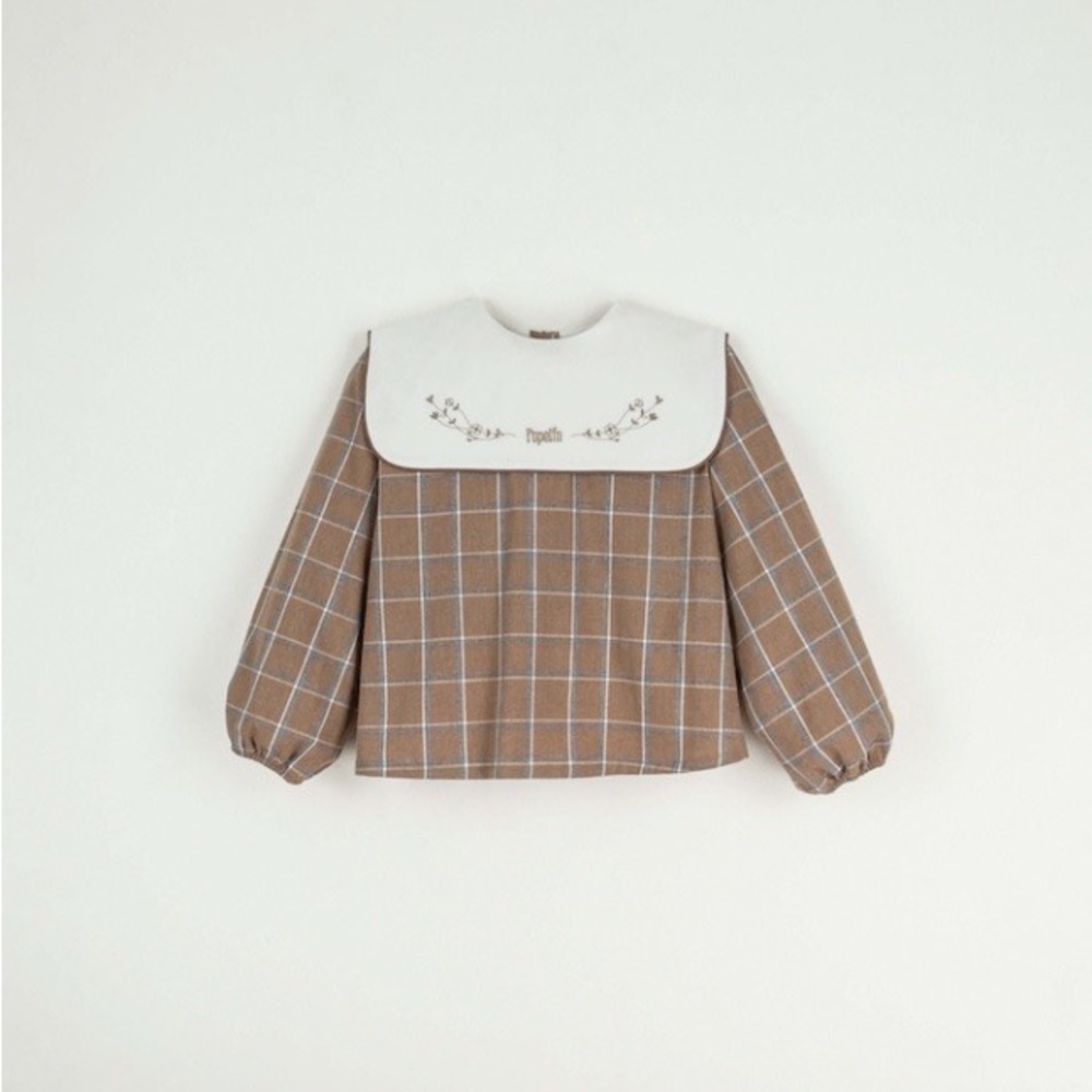 【Popelin】Terracotta plaid embroidered organic fabric blouse